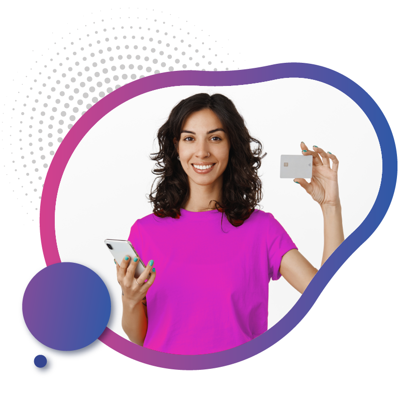 Woman holding a credit card in one hand and a smartphone in the other, ready to make a payment, showcasing the flexibility of unlocked eSIM in Australia with no contract.
