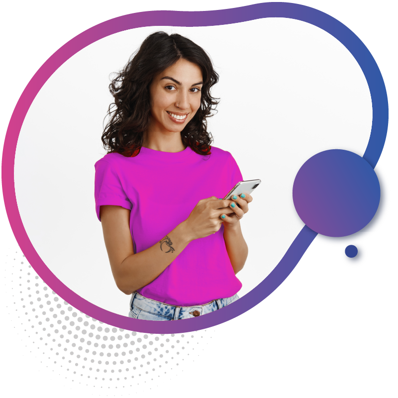 Cheerful woman in a pink shirt holding a mobile phone, representing fast and hassle-free eSIM activation for travel in Australia.