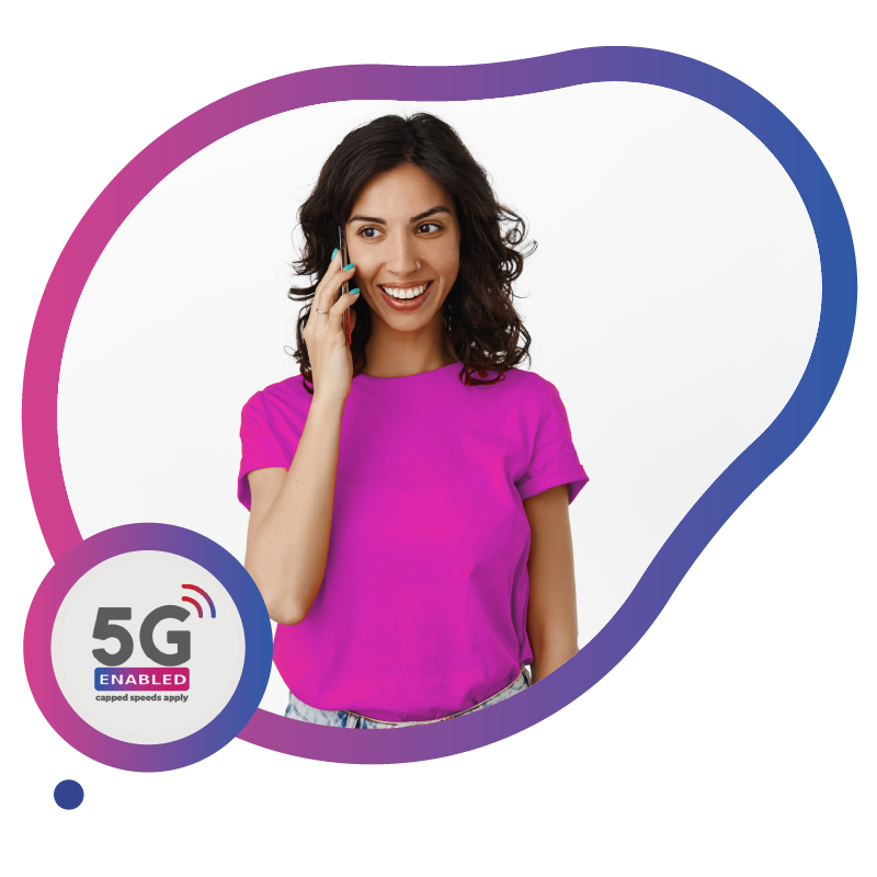 Woman speaking on a mobile phone with a visible 5G logo, highlighting a reliable long-stay data solution using eSIM in Australia.